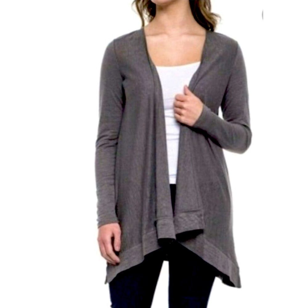 Tahari Women's Long Sleeve Linen Open Front Knit Cardigan Medium Purplish Grey